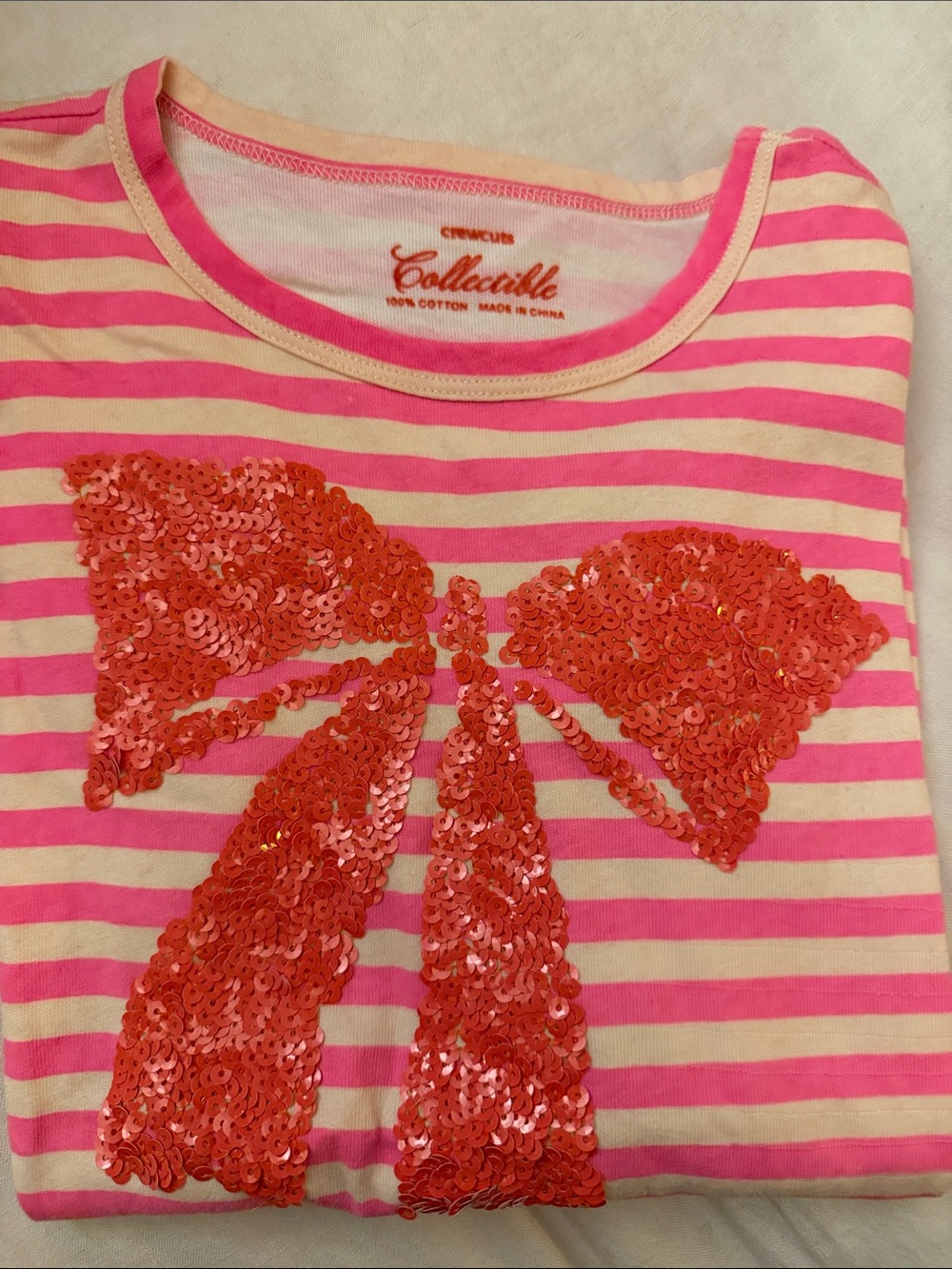 Crewcuts Pink & Cream Striped Tee with Sequin Bow size 8